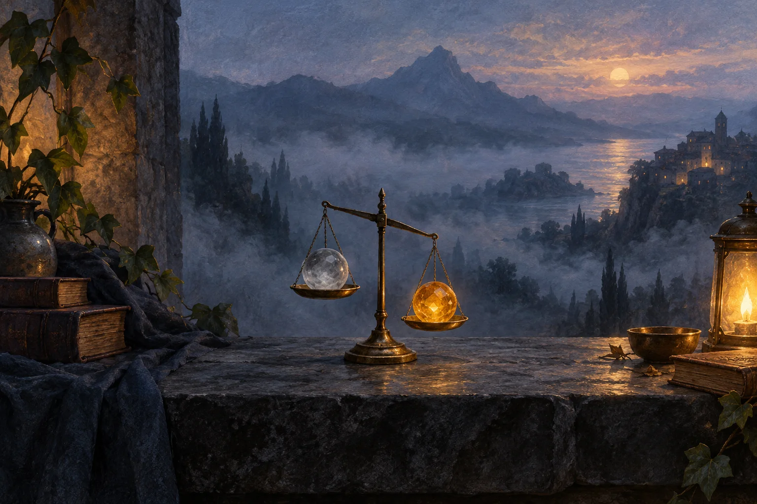 A brass balance scale weighs a cloudy glass sphere against an amber crystal on a stone table overlooking a misty valley.