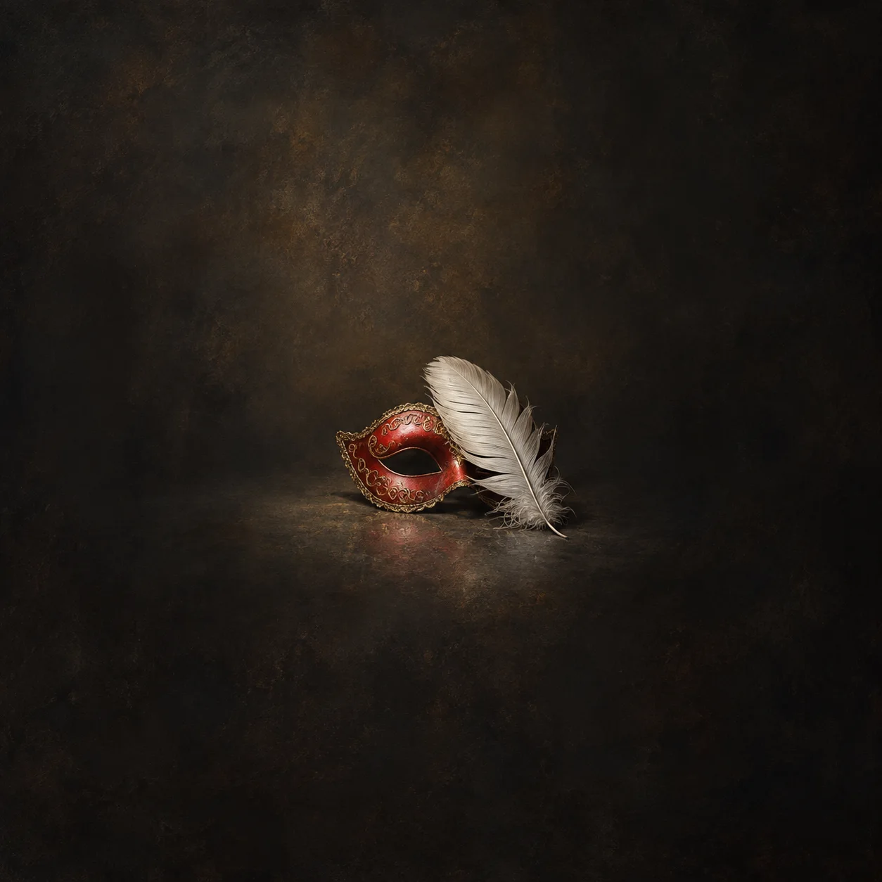 Painterly red masquerade mask beside a large pale feather on a dark brown surface.