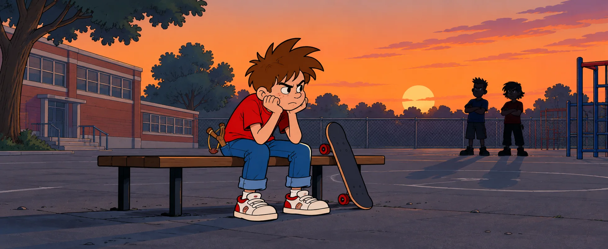 A spiky-haired cartoon boy in a red shirt sulks on a schoolyard bench at sunset beside his skateboard.