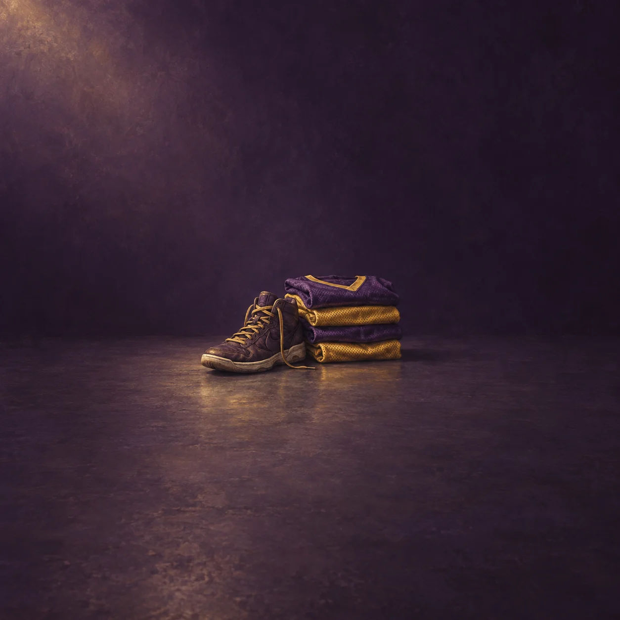Painterly worn purple and gold trainer beside a stack of folded sports jerseys.