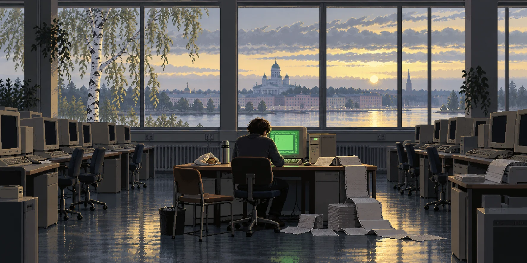 A lone student works at a glowing green terminal in an empty university computer room at dawn, a waterside city of domes beyond the windows.
