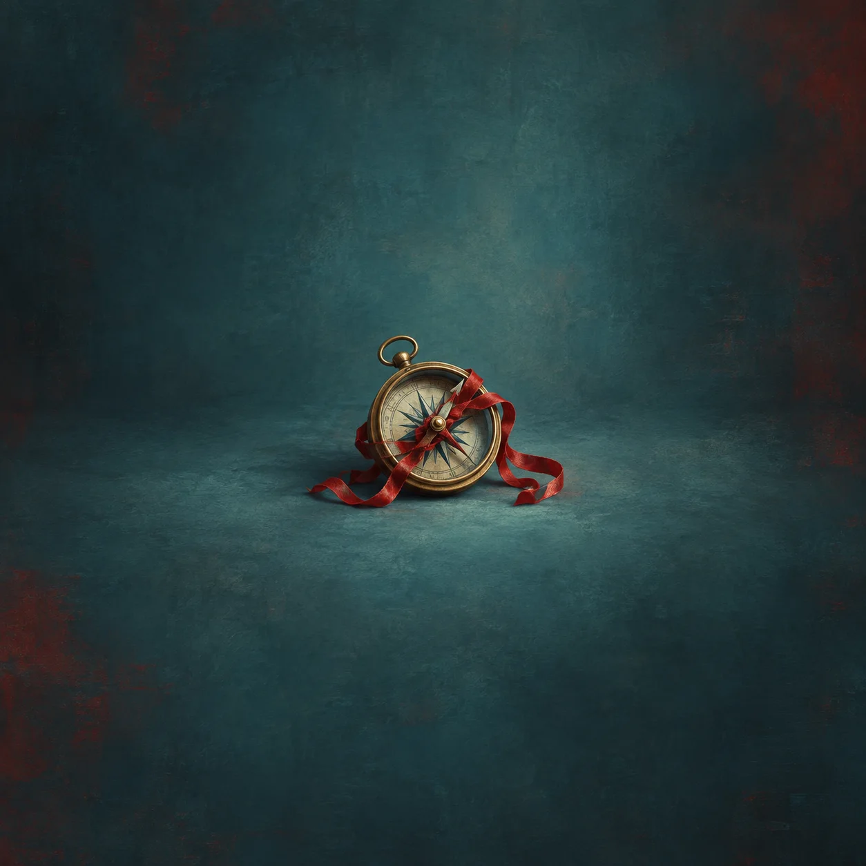 A red ribbon wraps around a brass compass against a dark teal background.