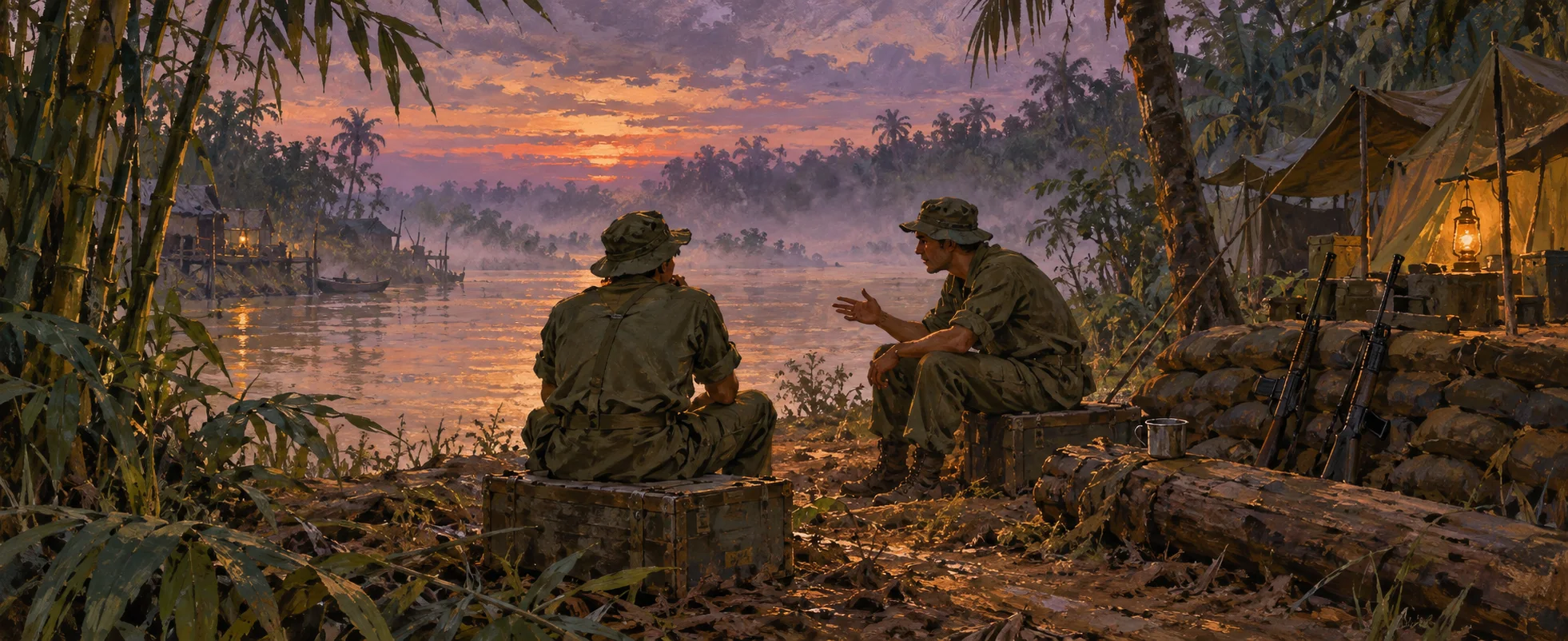 Two young soldiers sit by a misty jungle river at dusk, one talking earnestly, tents and a lantern behind them.