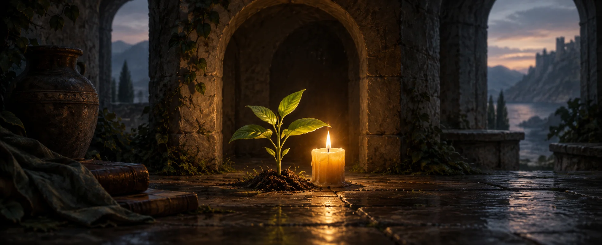 A small amber candle glows beside a green seedling in a dark arched passage.