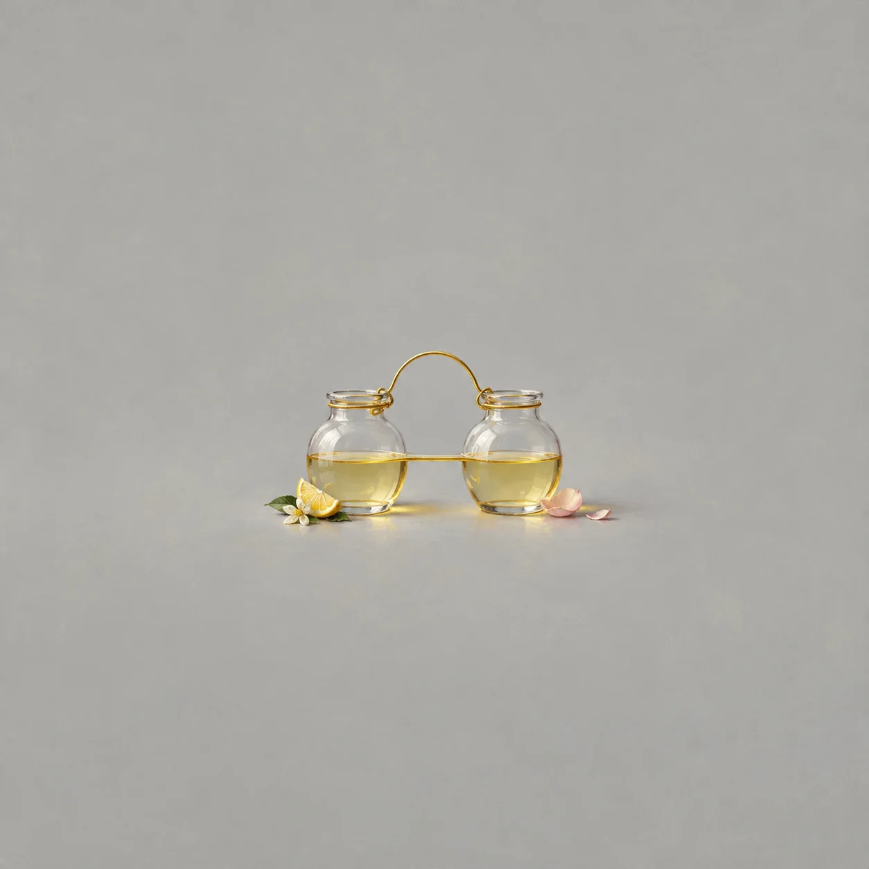 Two small glass jars linked by gold wire and holding pale yellow liquid at matching heights, with petals below.