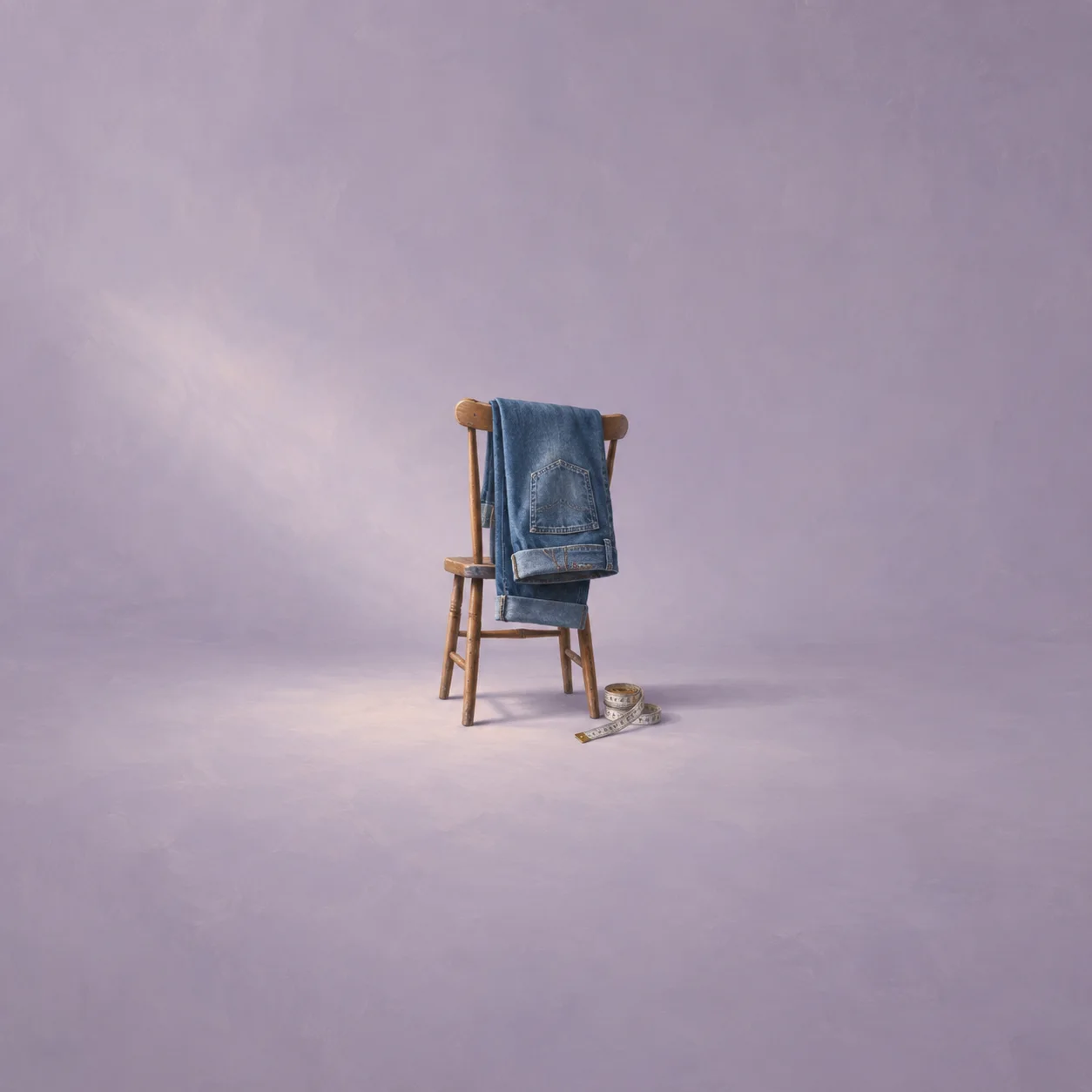 Painterly blue jeans draped over a wooden chair beside a coiled measuring tape on lavender.