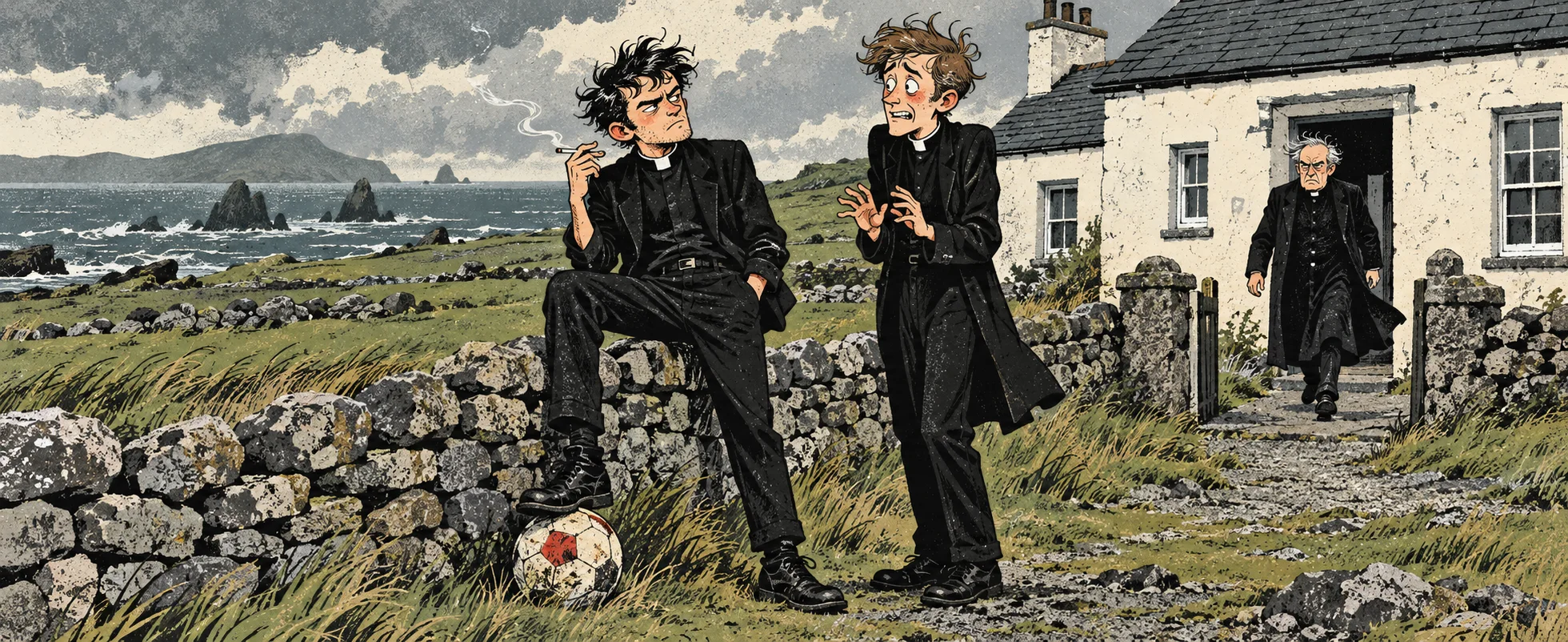 A scruffy young priest with a cigarette sits on a stone wall with a football under his foot, quizzing a panicked Dougal outside the parochial house as a stern older priest strides out of the door.