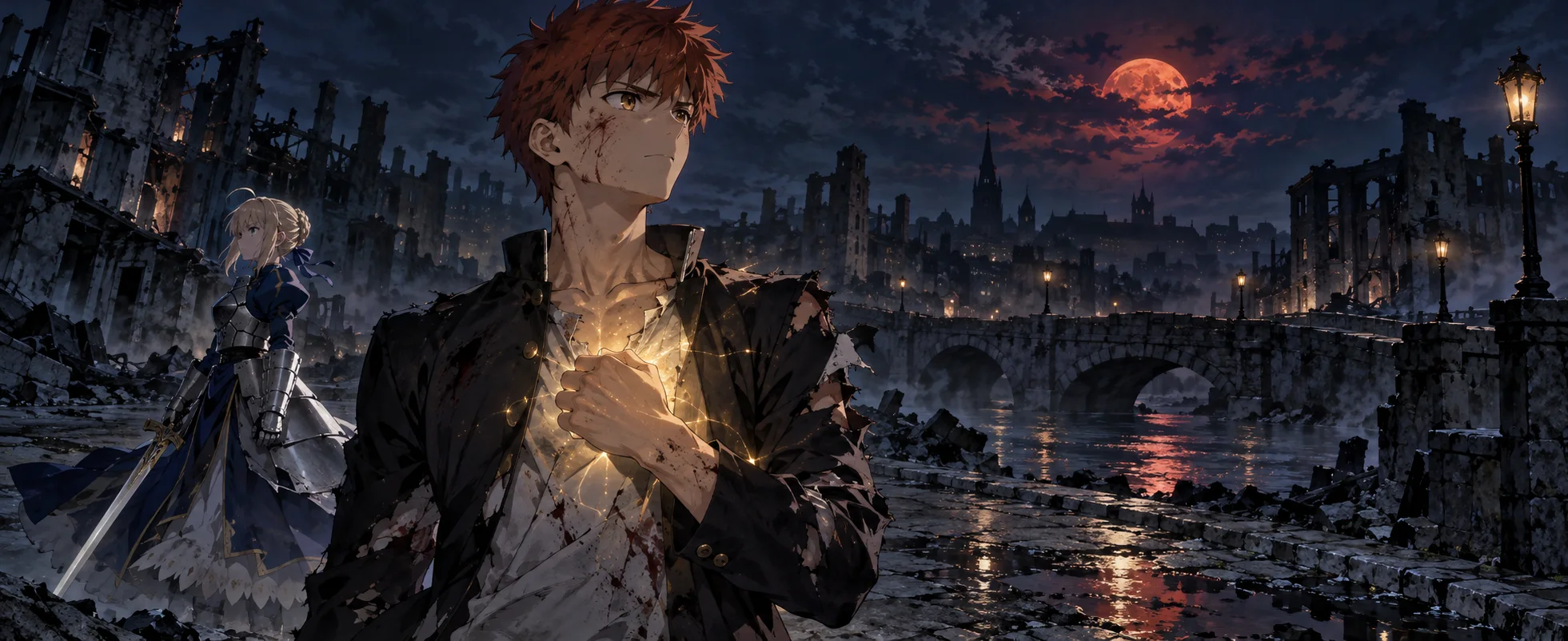 A battered red-haired youth in a torn jacket stands in a ruined night street, a golden glow healing his chest, an armoured girl with a sword behind him.