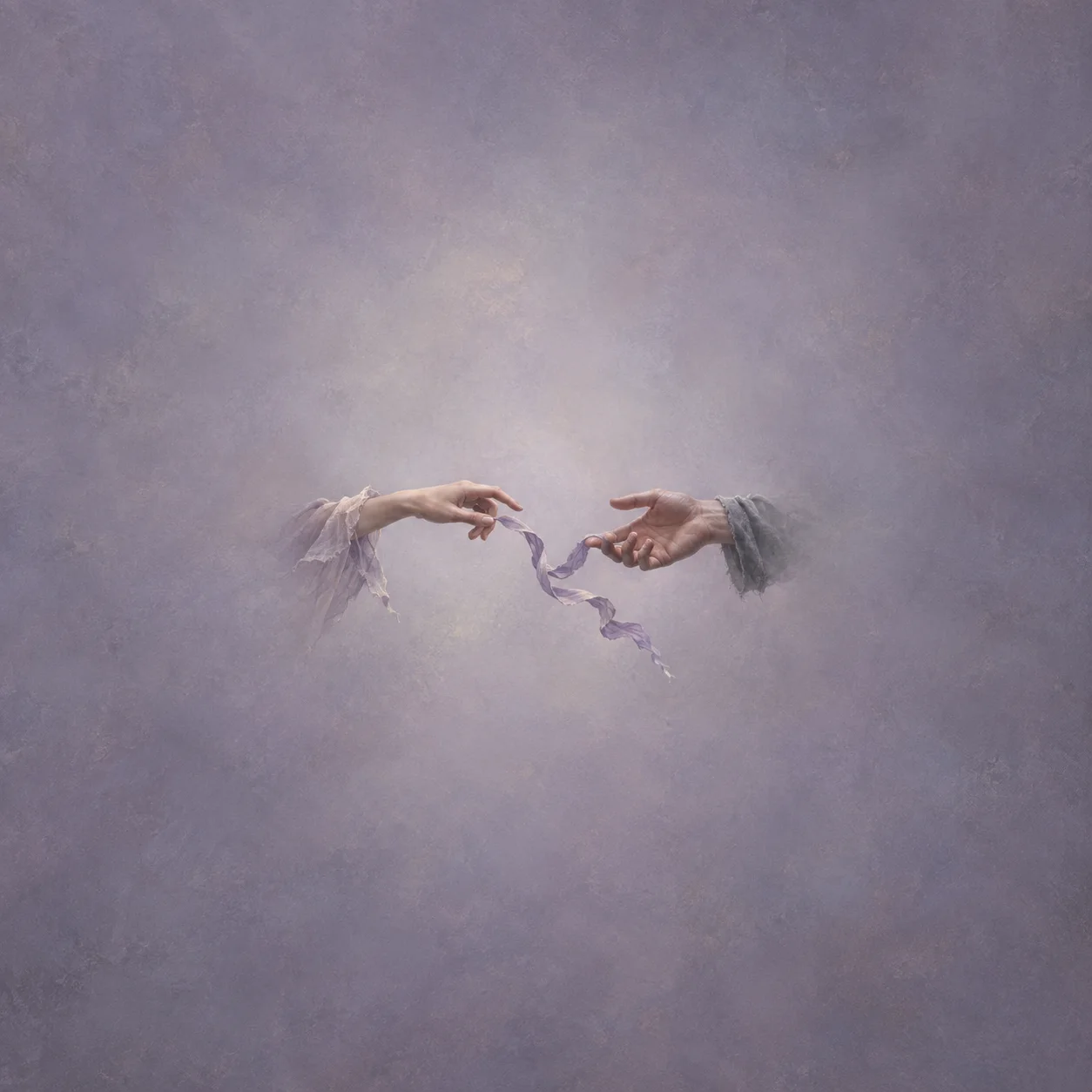 Painterly two reaching hands holding opposite ends of a torn purple ribbon against lavender.