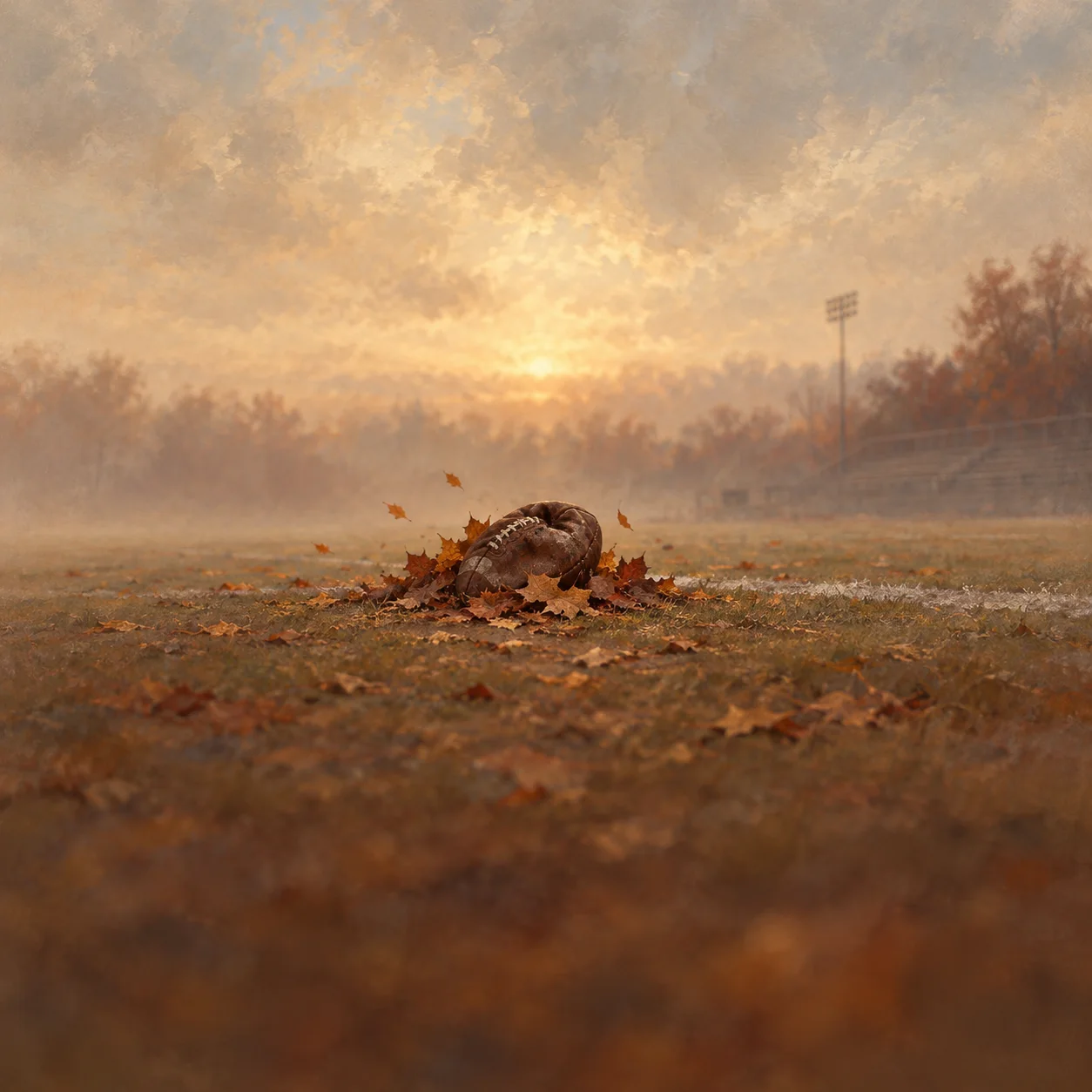 A worn brown football lies among autumn leaves on a field at sunset.