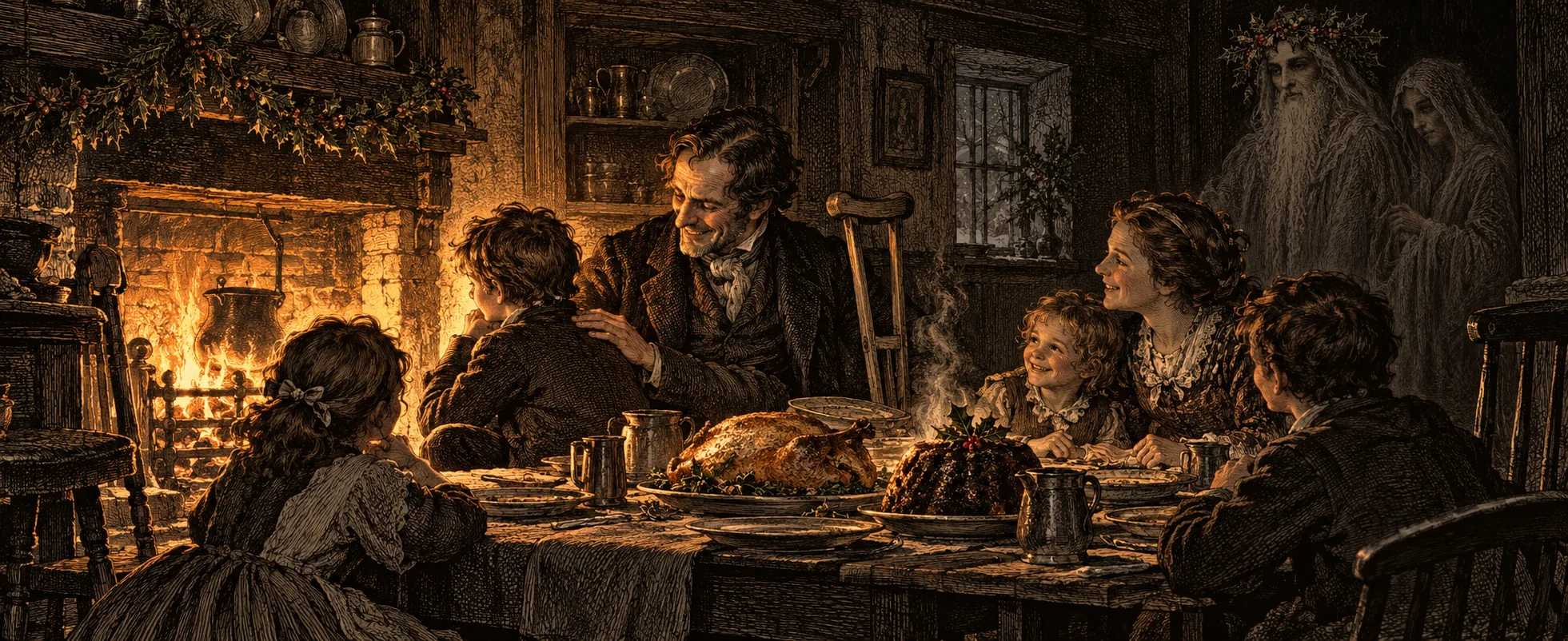 Victorian engraving: a poor family gathers round a small Christmas goose by the fire, a little boy beaming among them.