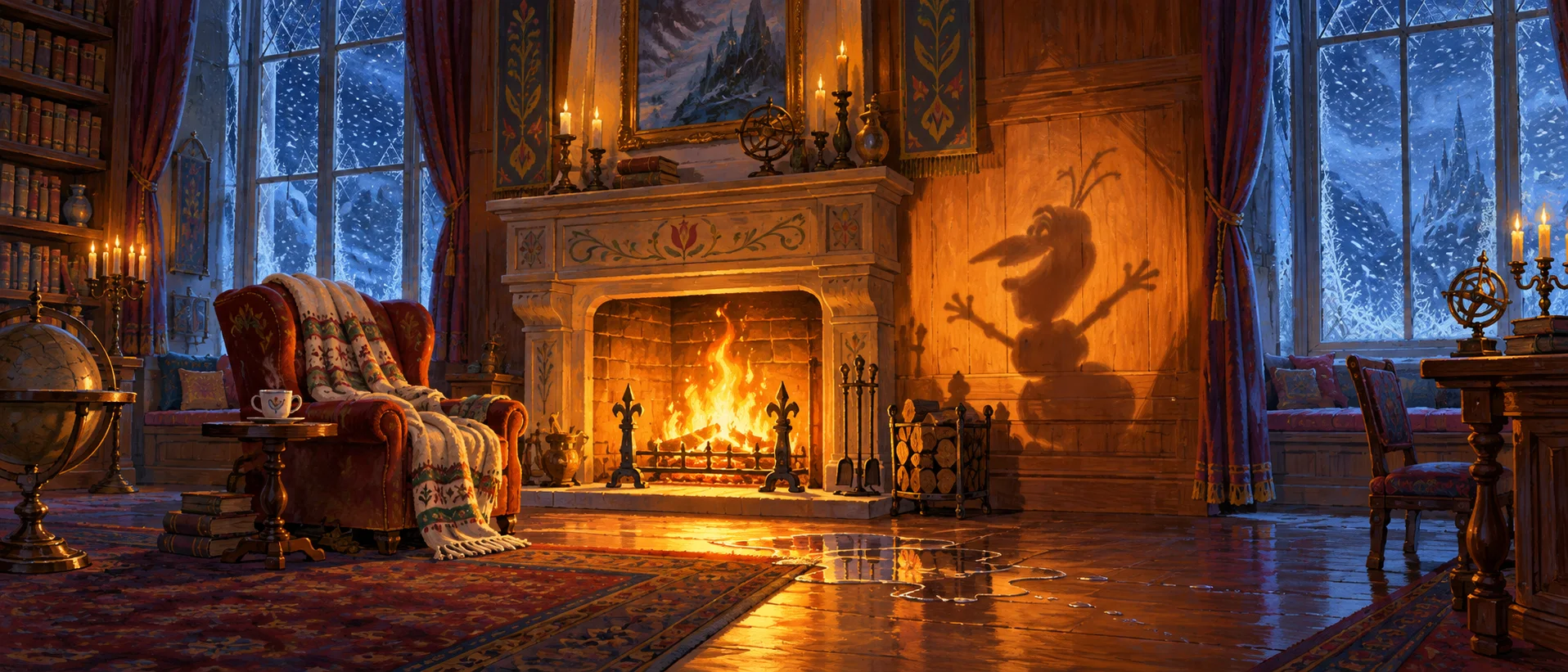 A firelit castle library with frosty windows casts the shadow of a little stick-armed snowman on the wall, meltwater pooling by the hearth.