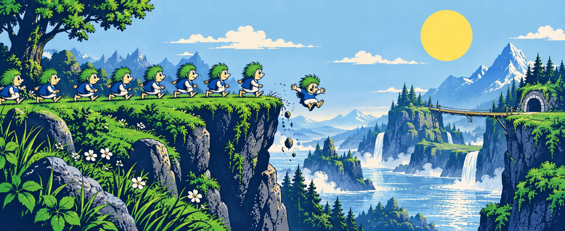 A line of little green-haired creatures marches off a cliff edge above a sunny waterfall valley.