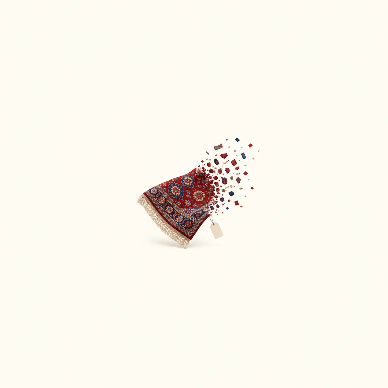 A red patterned rug breaking apart into small floating pieces, with a blank tag nearby against a pale background.
