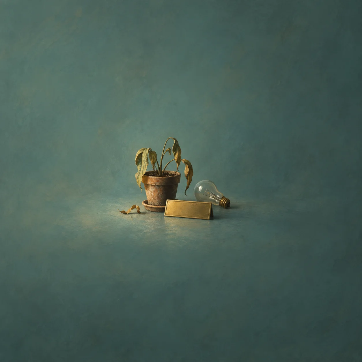 Painterly wilted potted plant beside a blank brass nameplate and a fallen light bulb on teal.
