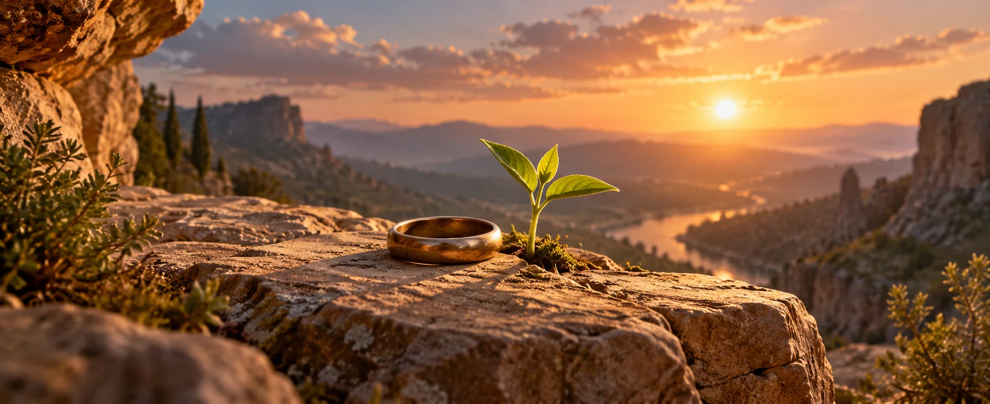 A plain bronze ring rests beside a tiny green seedling on a sunlit sandstone shelf.