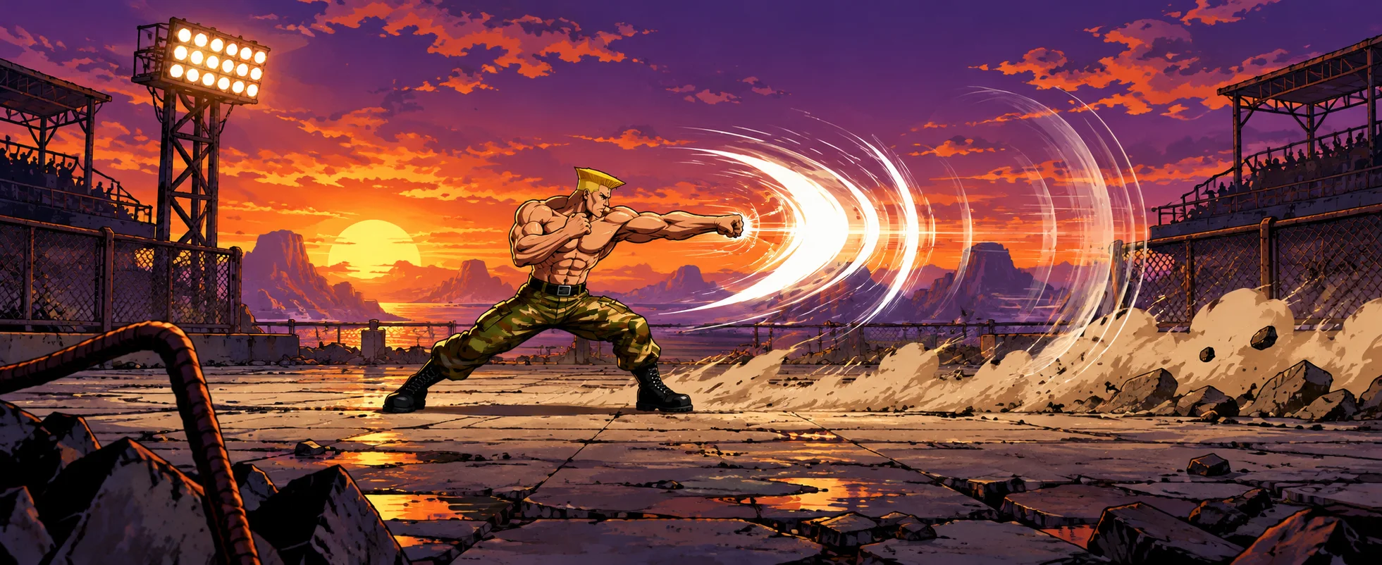 A soldier with a flat-top haircut throws a crescent of energy across a ruined arena at sunset.