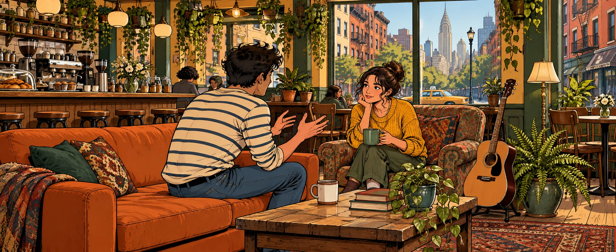 A man in a striped shirt talks animatedly to a woman on an orange sofa in a cosy coffee house.