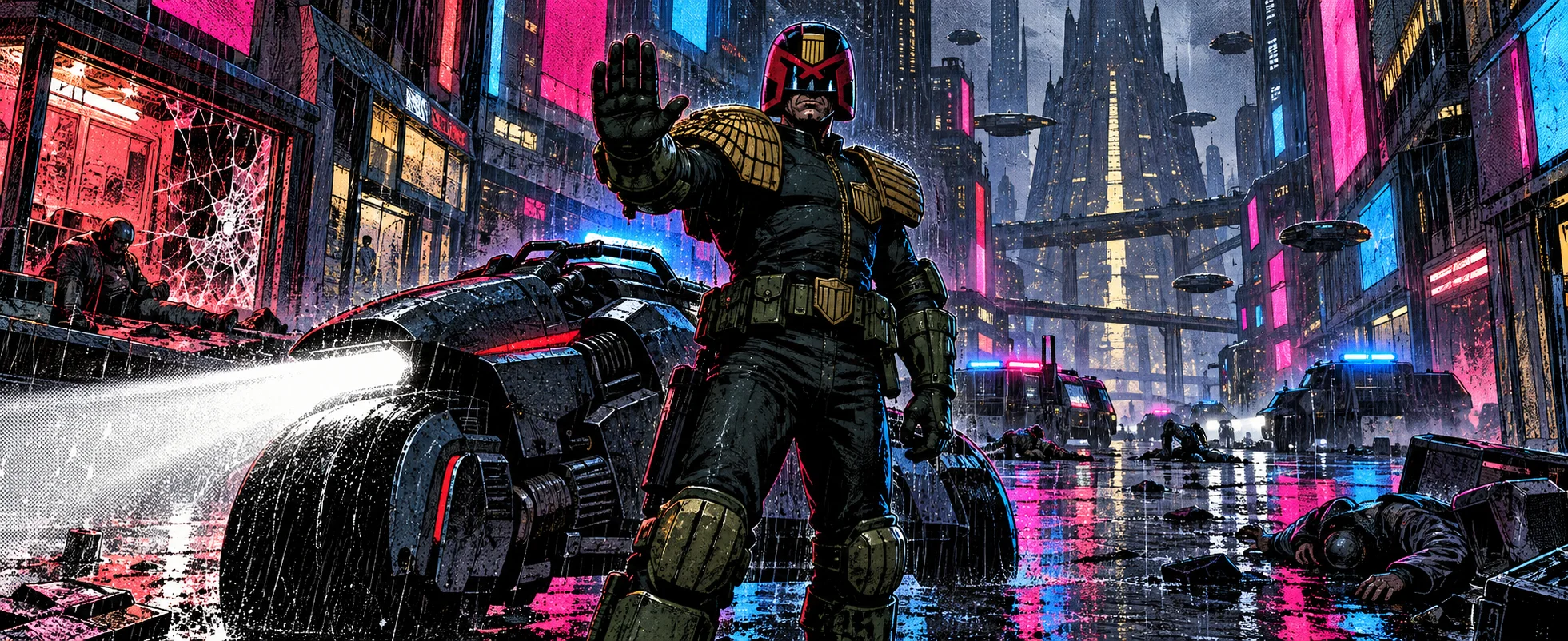 Comic illustration: a helmeted lawman in gold-shouldered armour raises a gloved hand to halt the viewer in a rain-soaked neon city street, with a heavy motorbike, fallen offenders, police vehicles and hovering craft behind him.