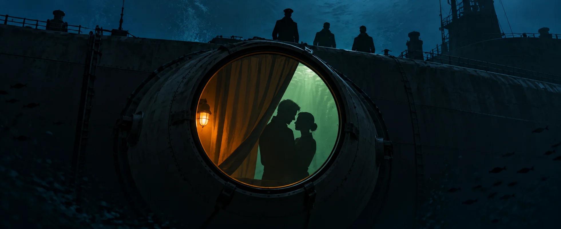 Officials stand on a ship's deck above a floating escape pod whose glowing porthole shows two silhouettes kissing behind a half-drawn curtain.