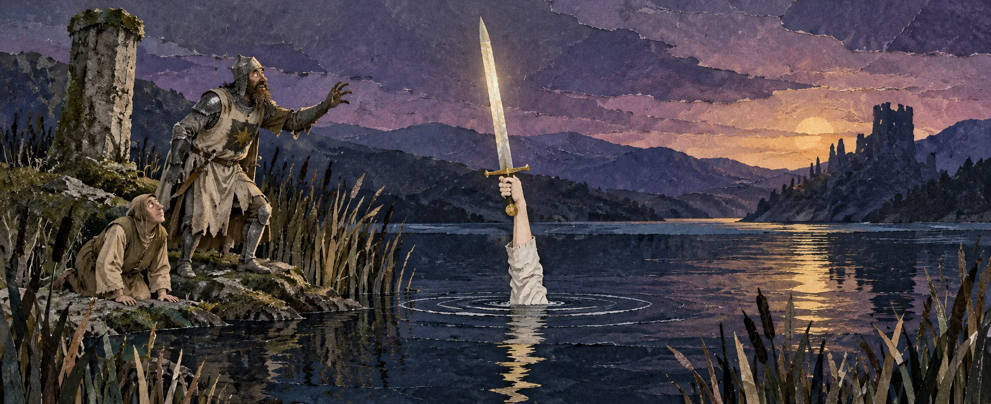 An arm in white samite rises from a moonlit lake holding a sword aloft as two muddy peasants watch from the reeds.