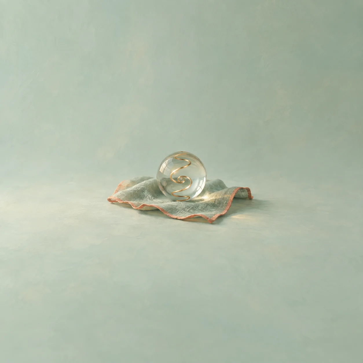 A glass sphere with a gold spiral inside on pale green cloth.