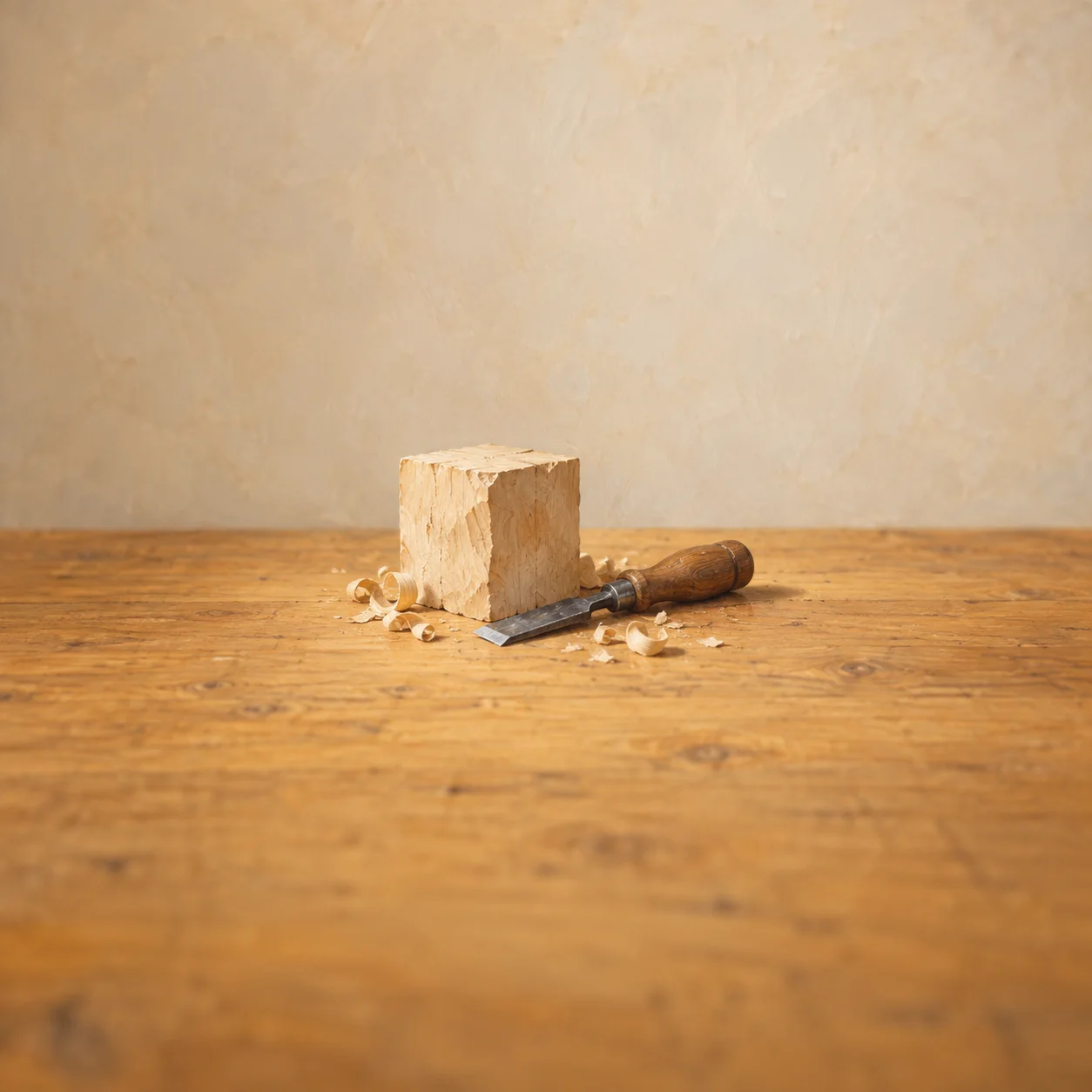 A wood-handled chisel lies beside a pale wooden block and scattered shavings on a honey-colored workbench.