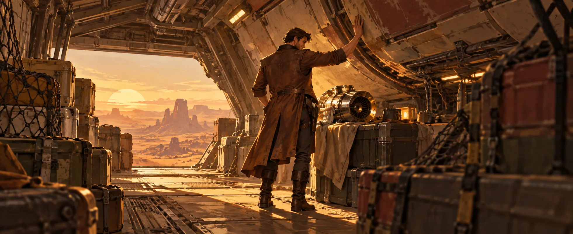 A man in a long brown coat rests a hand on the curved hull in a spaceship's cargo bay, a desert sunset glowing through the open ramp.