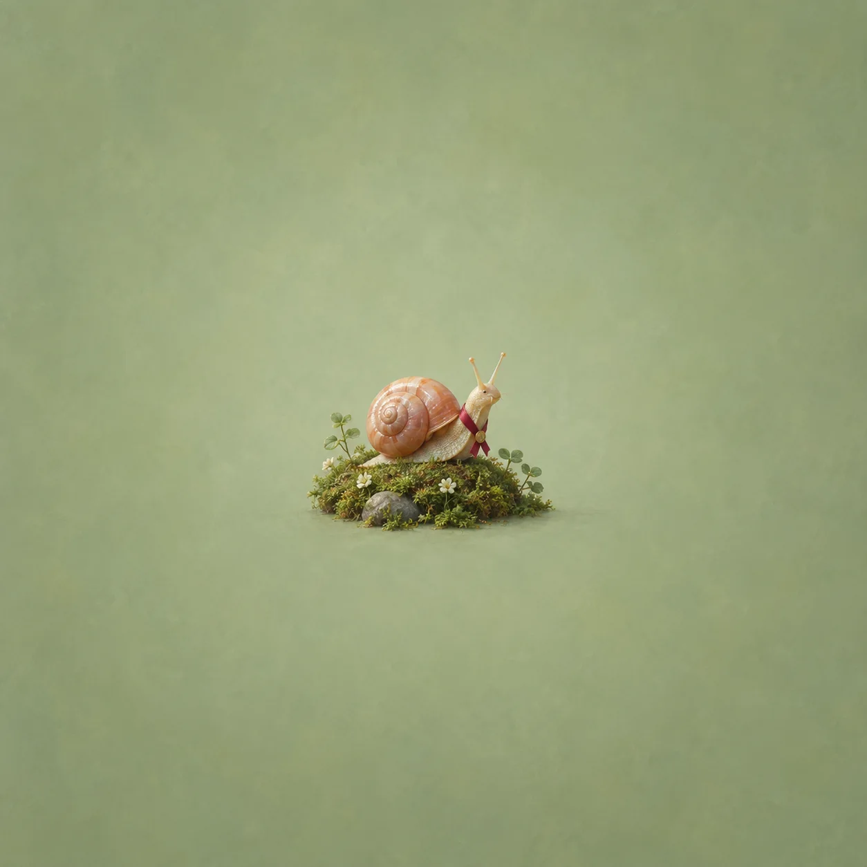 A ceramic snail with a peach shell and a small ribbon sitting on a green cushion against a sage background.