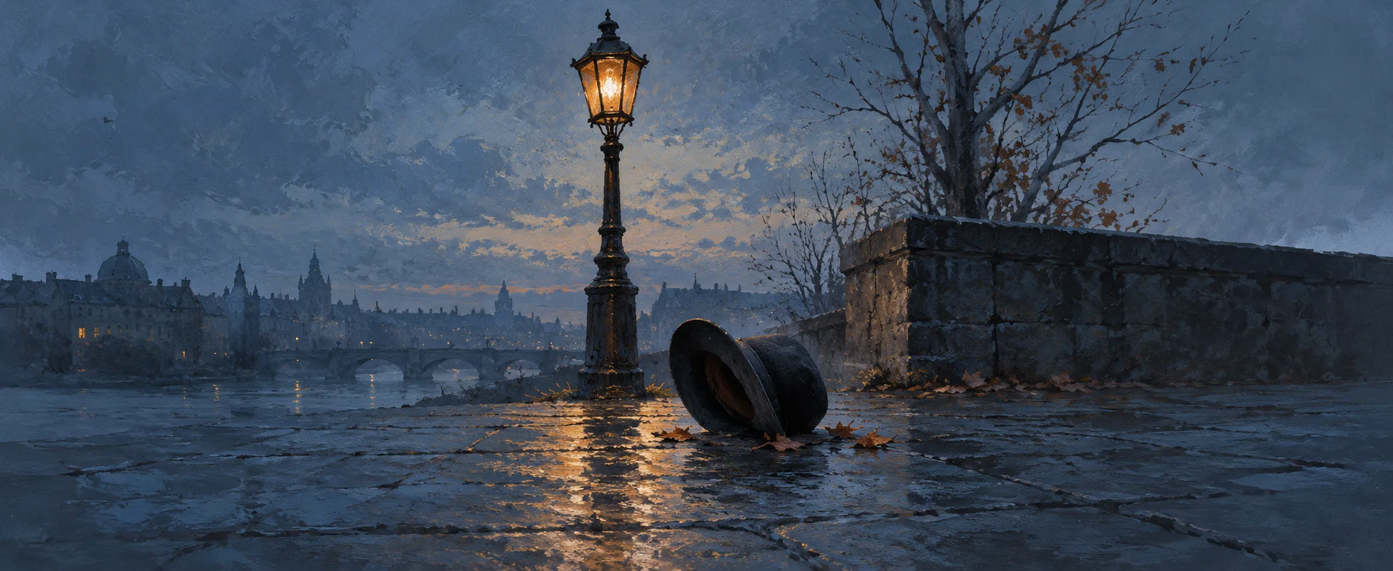An overturned black hat rests beside a fading amber street lamp on a cold blue pavement.
