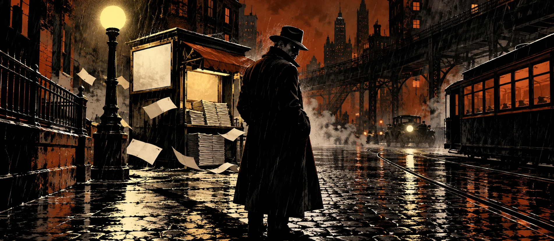 A gangster in a fedora and long coat stands alone on a rain-soaked night street by a newspaper kiosk, a tram passing.