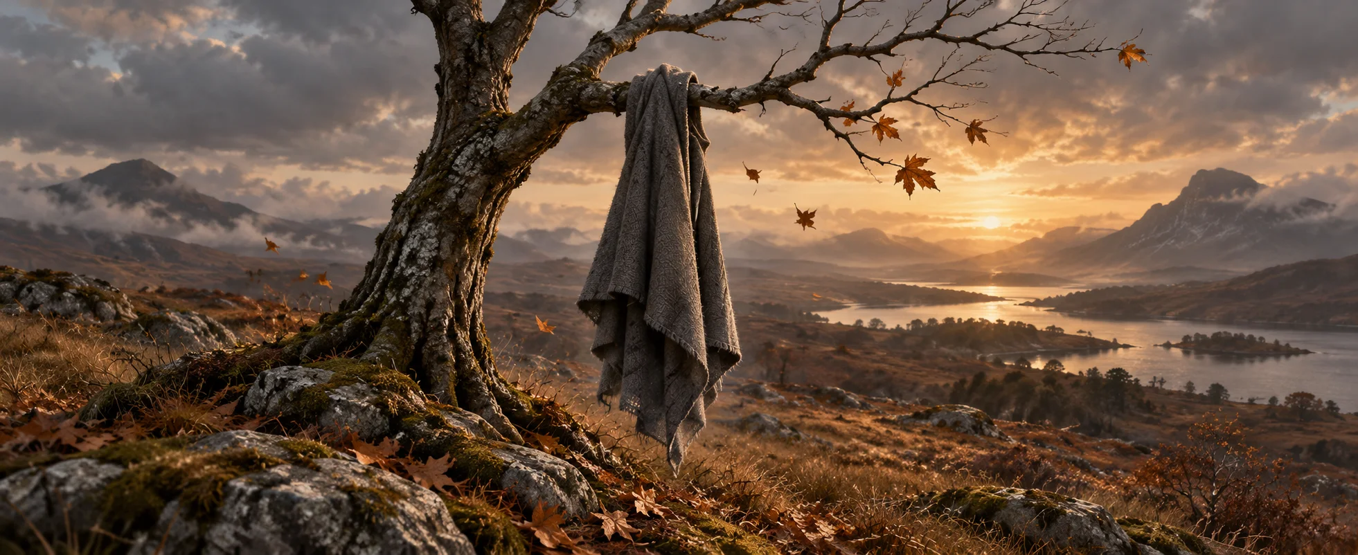 A grey wool cloak hangs from a bare branch bending in a windswept autumn landscape.
