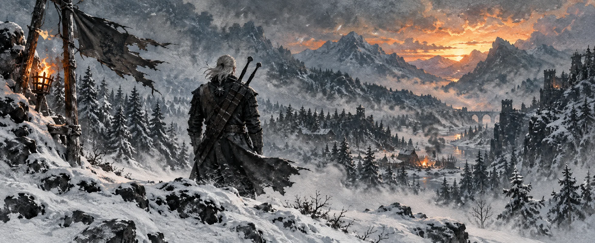 A white-haired swordsman in dark leather stands on a snowy mountain pass as the wind tears at a ragged banner.