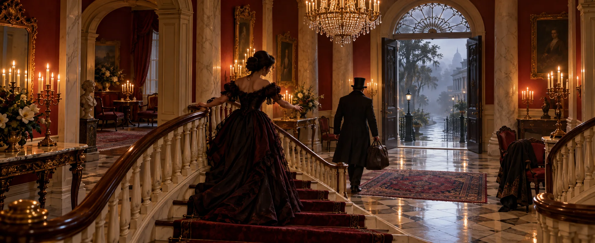 A man with a hat and a bag walks out through the open front door of a grand mansion into a misty dawn as a woman in a dark gown follows down the stairs.
