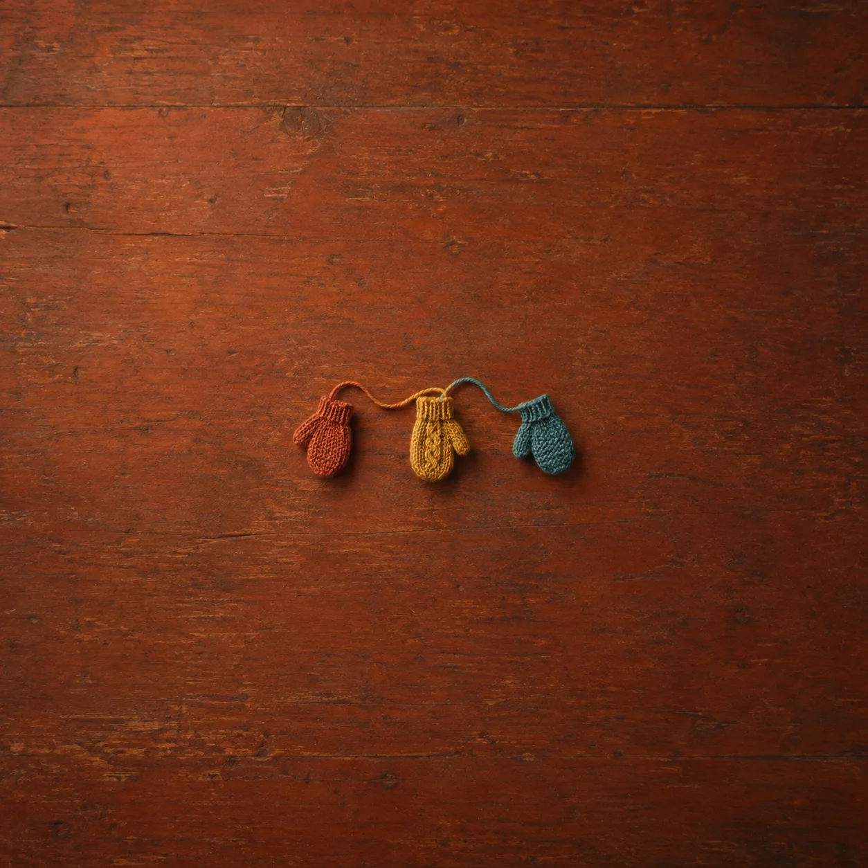 Three colorful knitted mittens joined by one strand of yarn on a rust-colored wooden board.