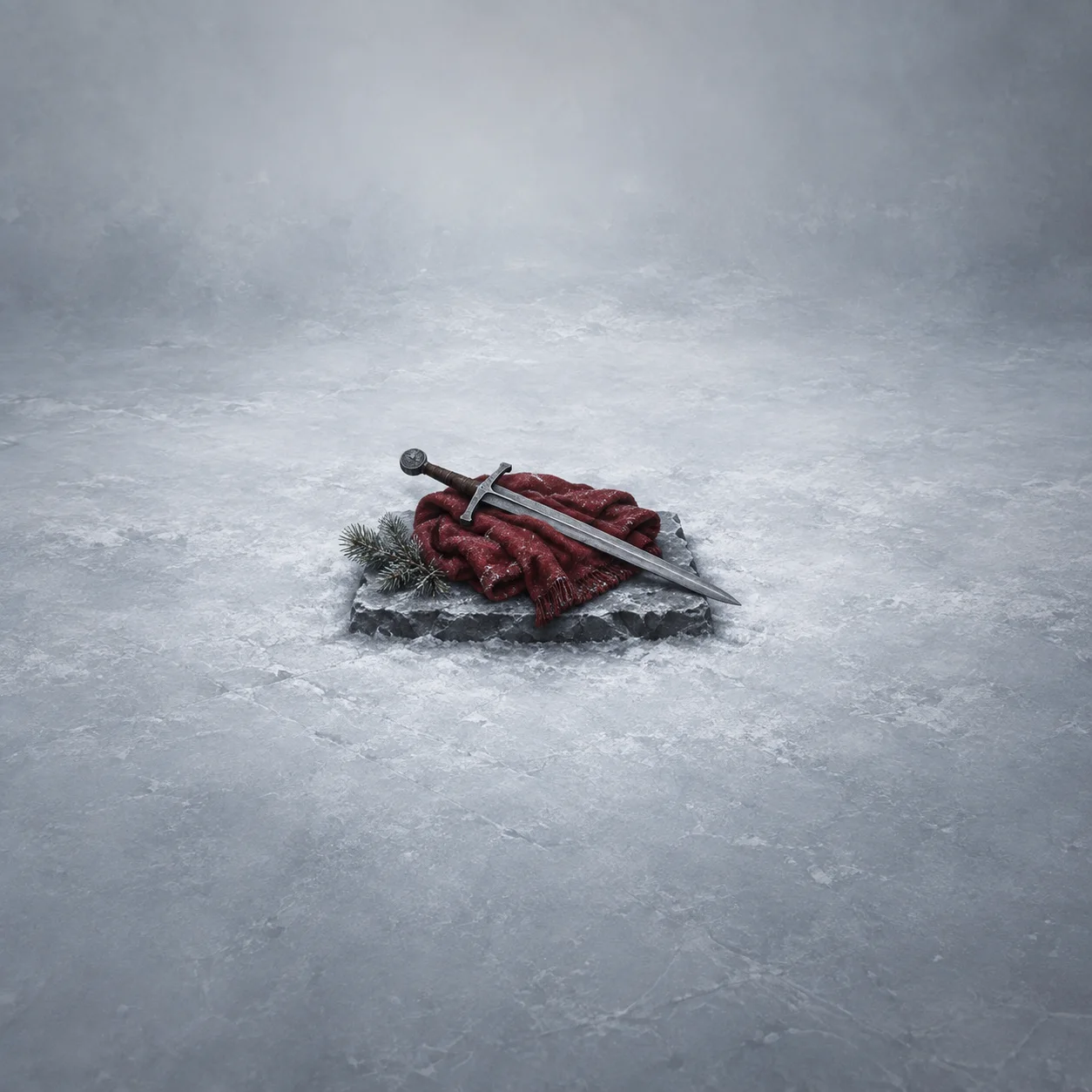 A steel sword resting on a folded crimson cloak beside a pine sprig on frosted slate.