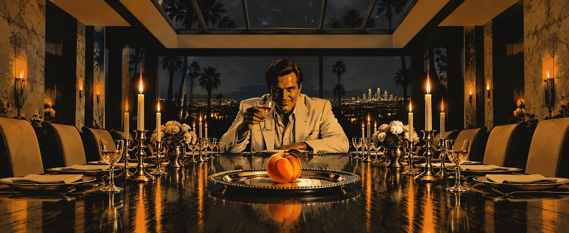 A man in a white suit sits at the head of a long candlelit dining table with a single peach on a silver platter.