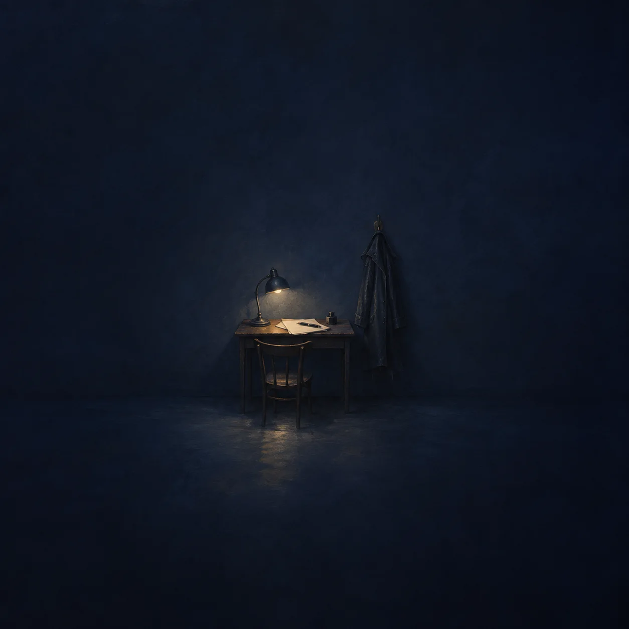 A small desk and chair beneath a glowing lamp, with paper, a pen and a dark coat hanging beside them against deep blue.