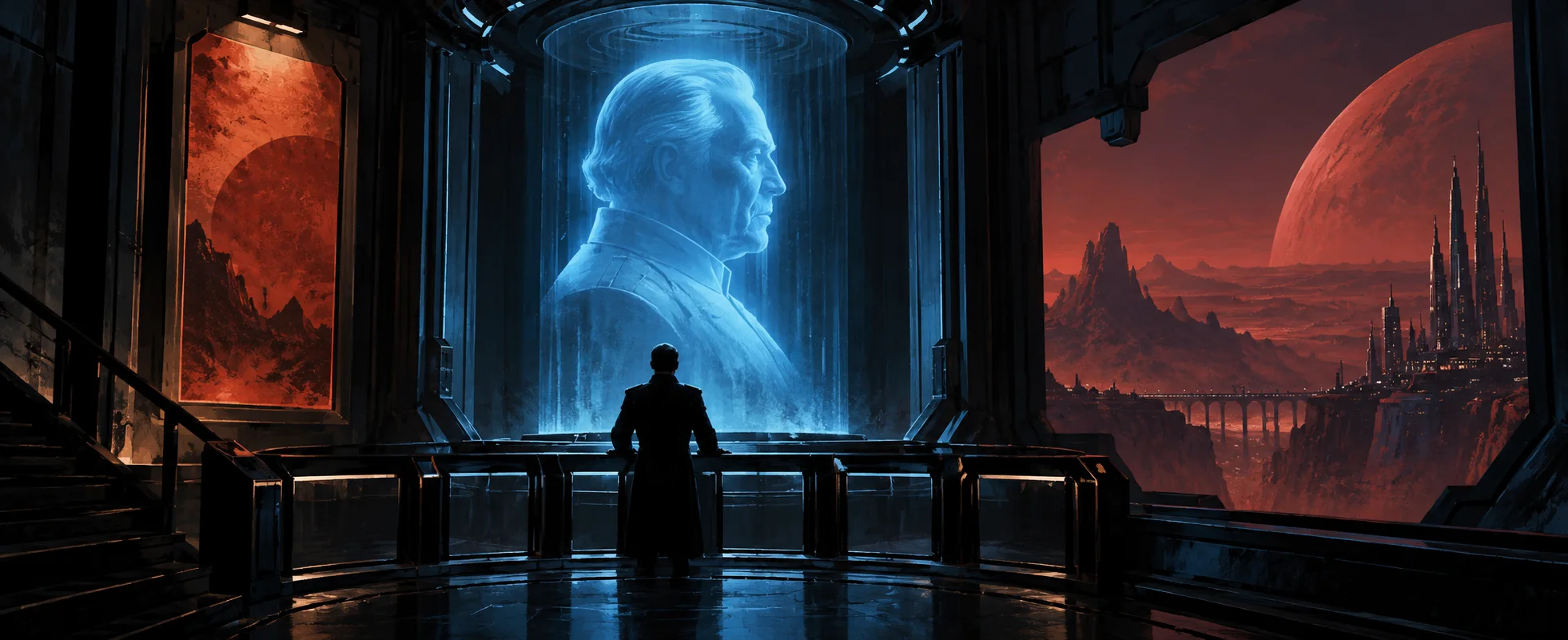 A man stands before a towering blue hologram of a face in a dark Mars chamber, red planet vistas in the windows on either side.
