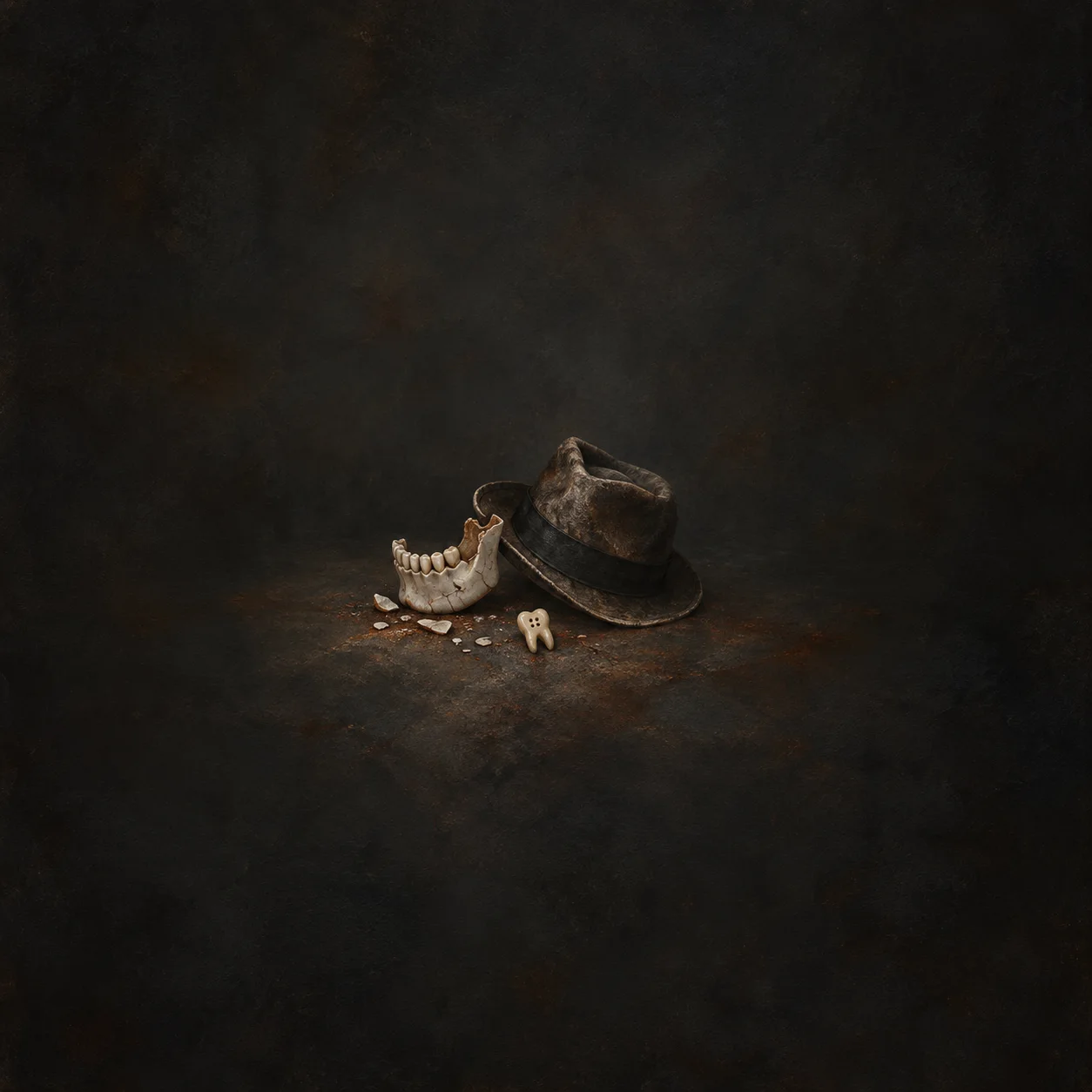 Painterly cracked jaw piece, dark fedora and scattered tooth-like pieces on a dark surface.