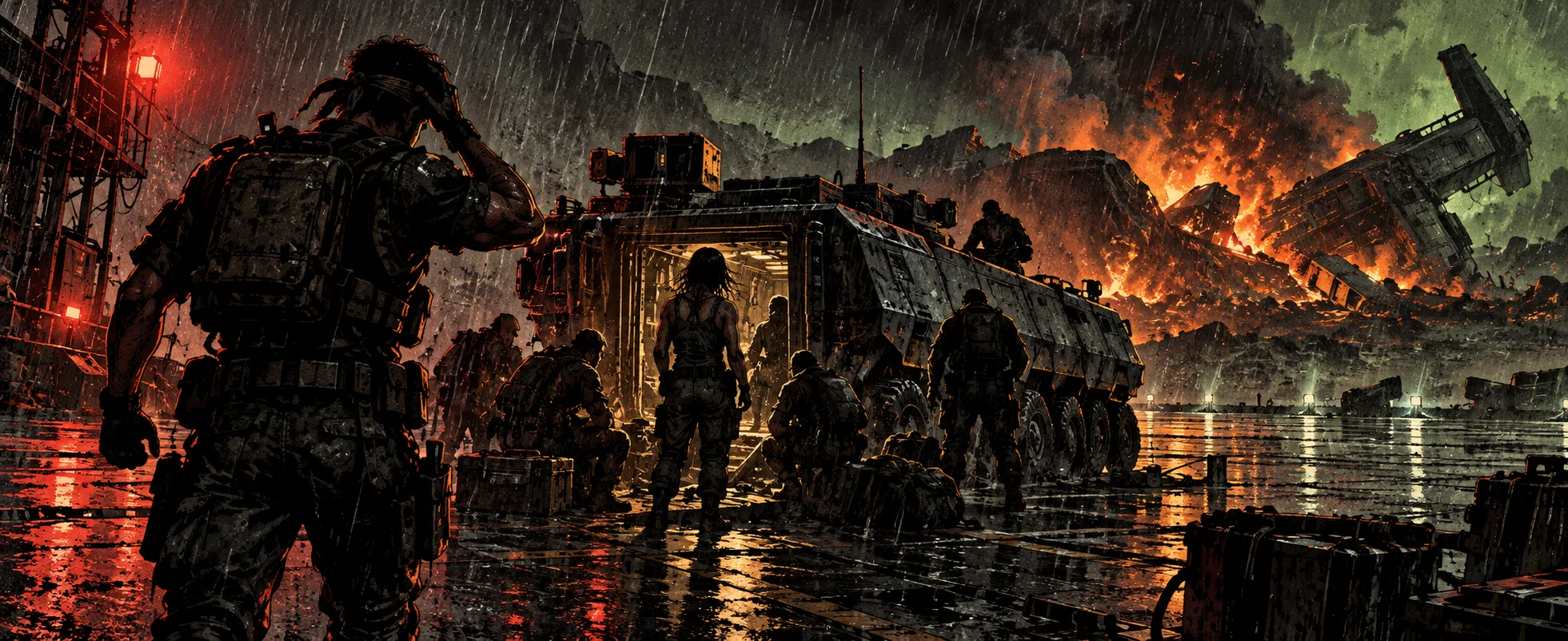 A panicking marine clutches his head on a rain-lashed landing pad at night as a crashed dropship burns behind the armoured carrier.