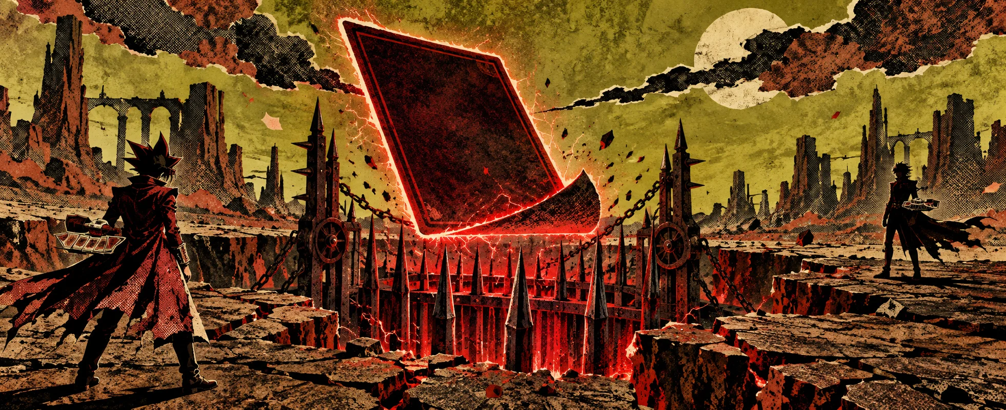 A huge glowing card flips up from a cracked wasteland as a cage of red spikes springs around the field between two distant duellists.