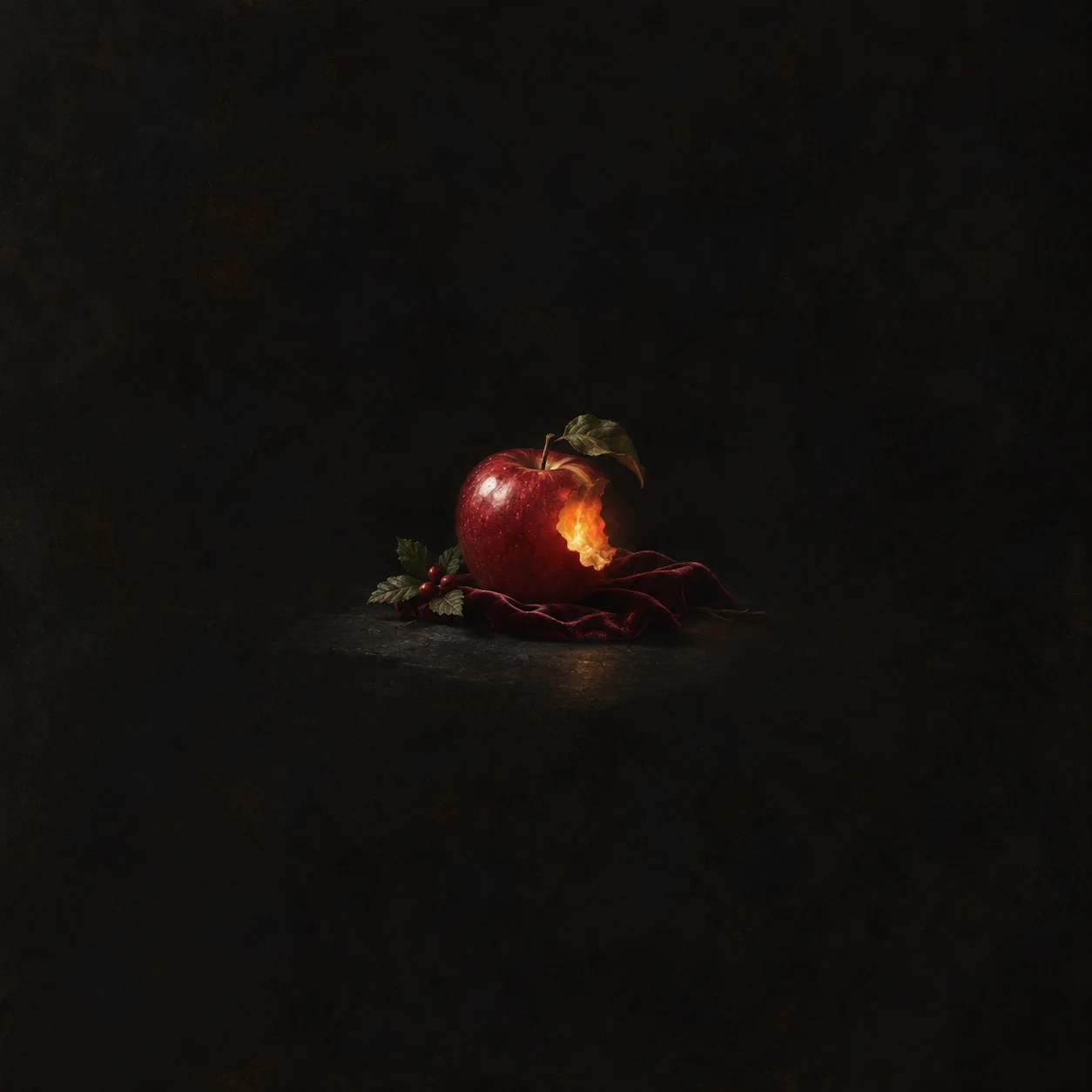 A red apple with a glowing bitten opening rests on dark red fabric against a black background.
