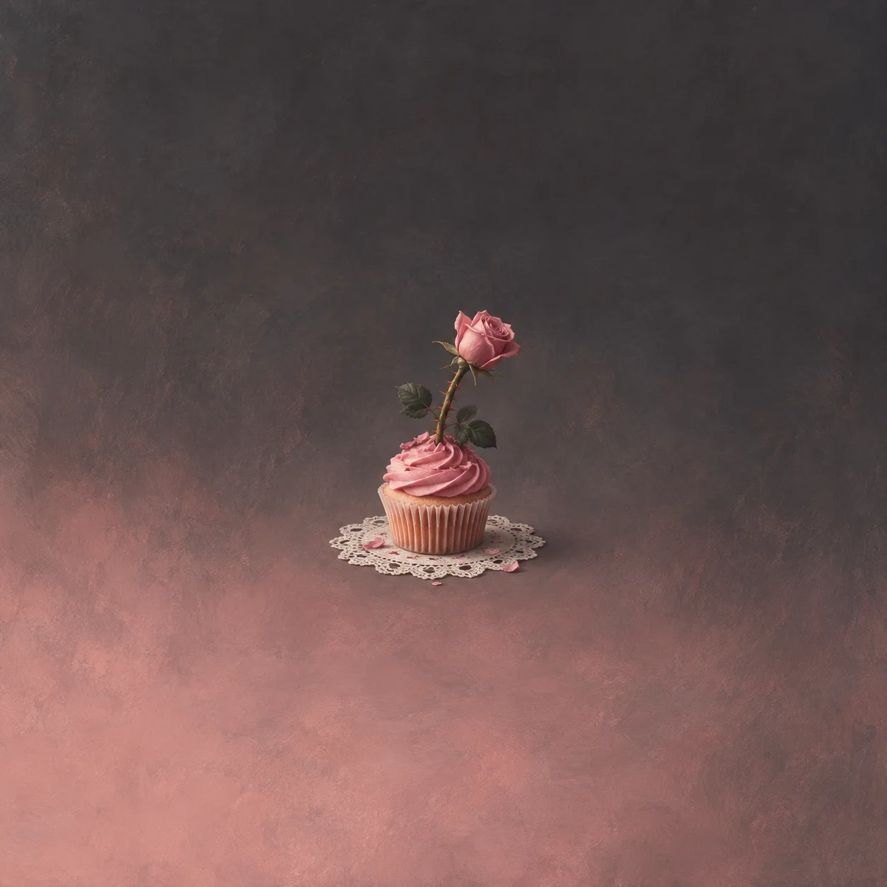 A pink cupcake sits on a lace doily with a thorny stem and pink rose rising from its icing.