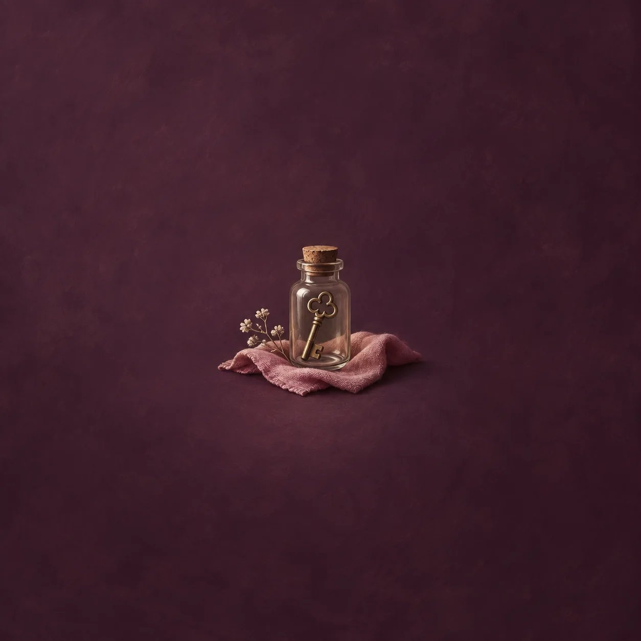 A brass key sits inside a corked glass jar on pink cloth beside tiny flowers.