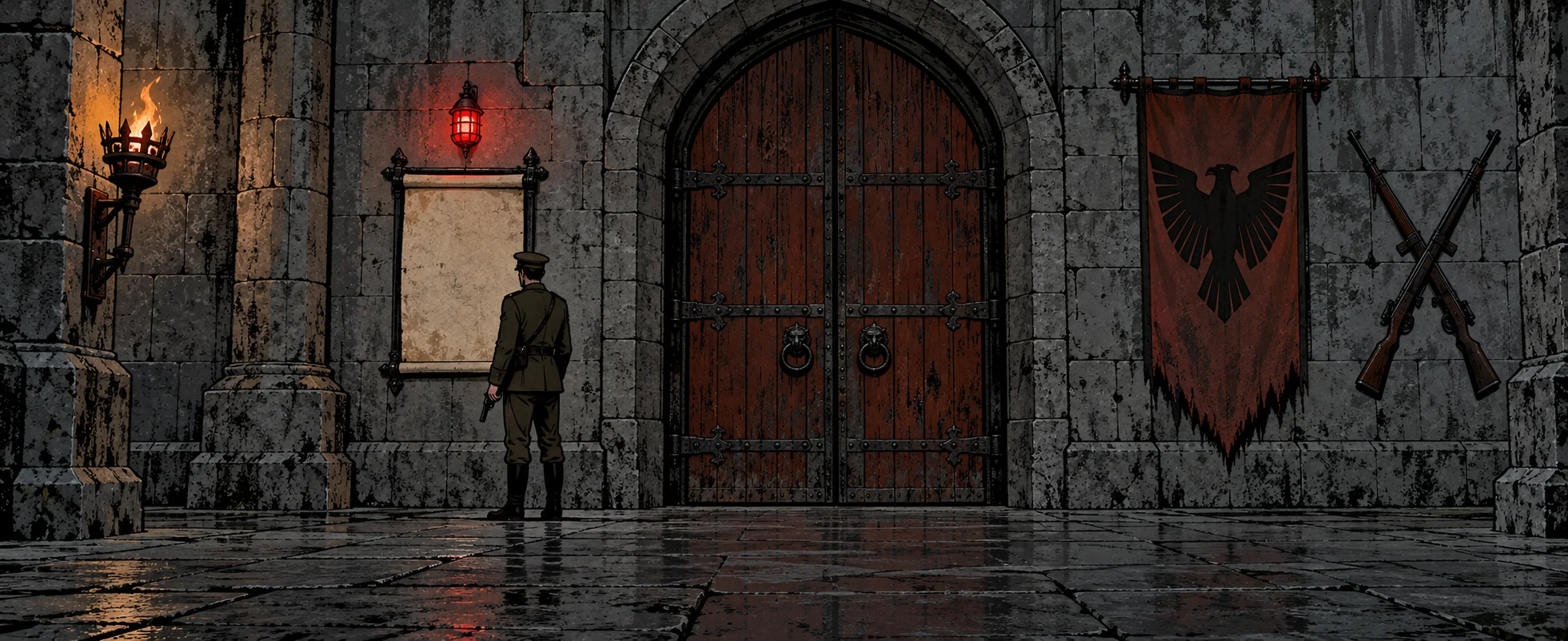 A lone soldier stands before a huge wooden door in a grey stone castle hall.