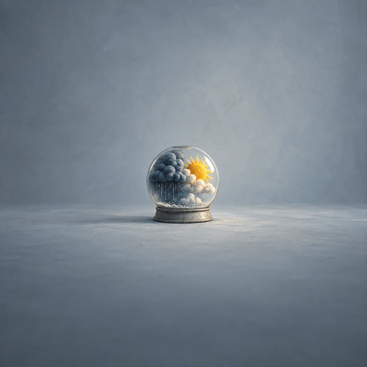 A glass globe containing dark rainclouds on one side and a bright yellow sun on the other.