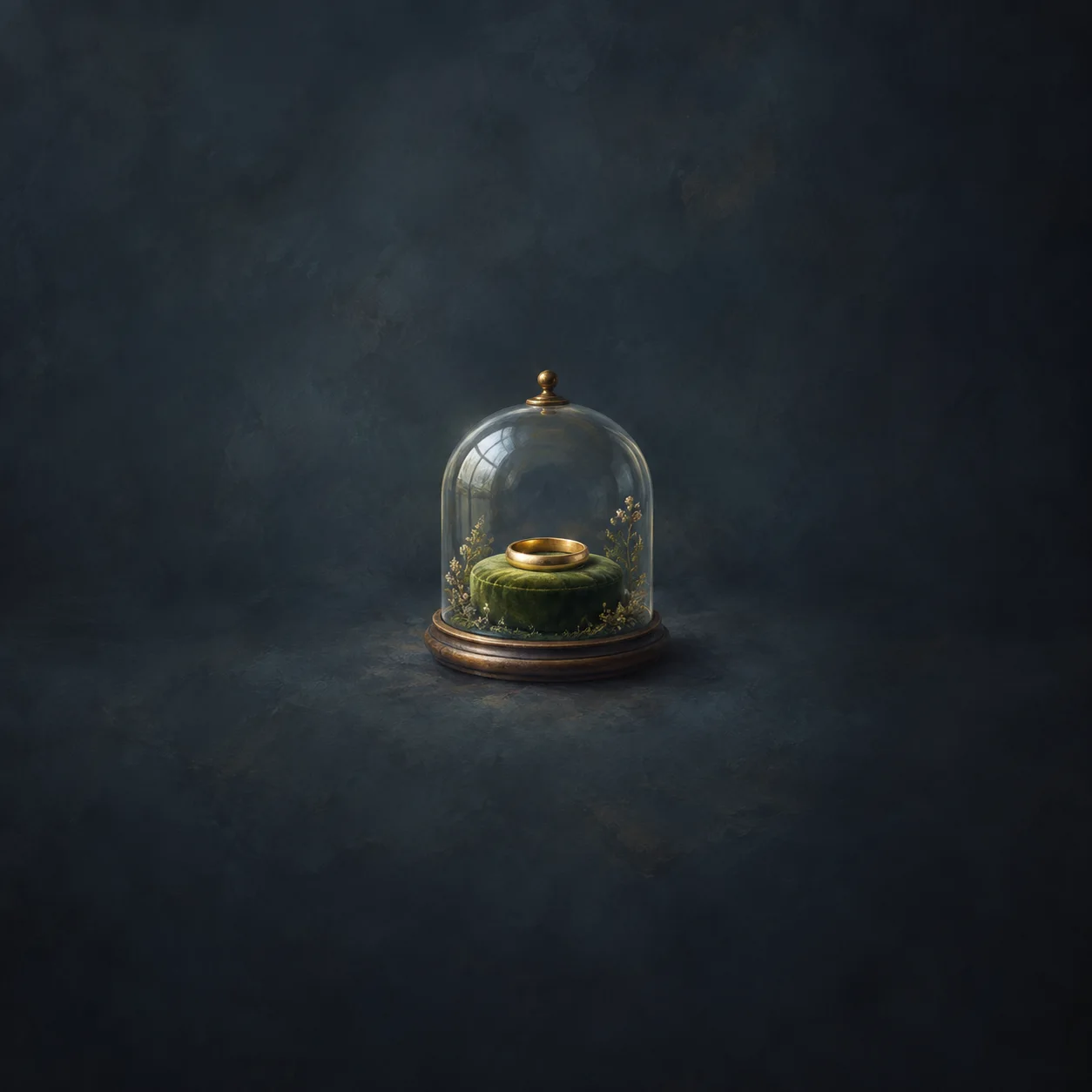 A gold ring rests on green moss beneath a glass dome against dark blue-grey.