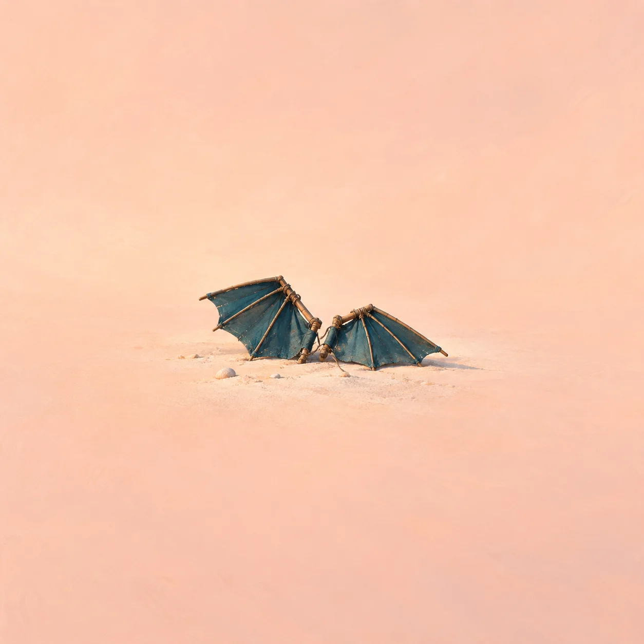 Two teal canvas wings with bamboo supports stand in a small patch of sand against peach.