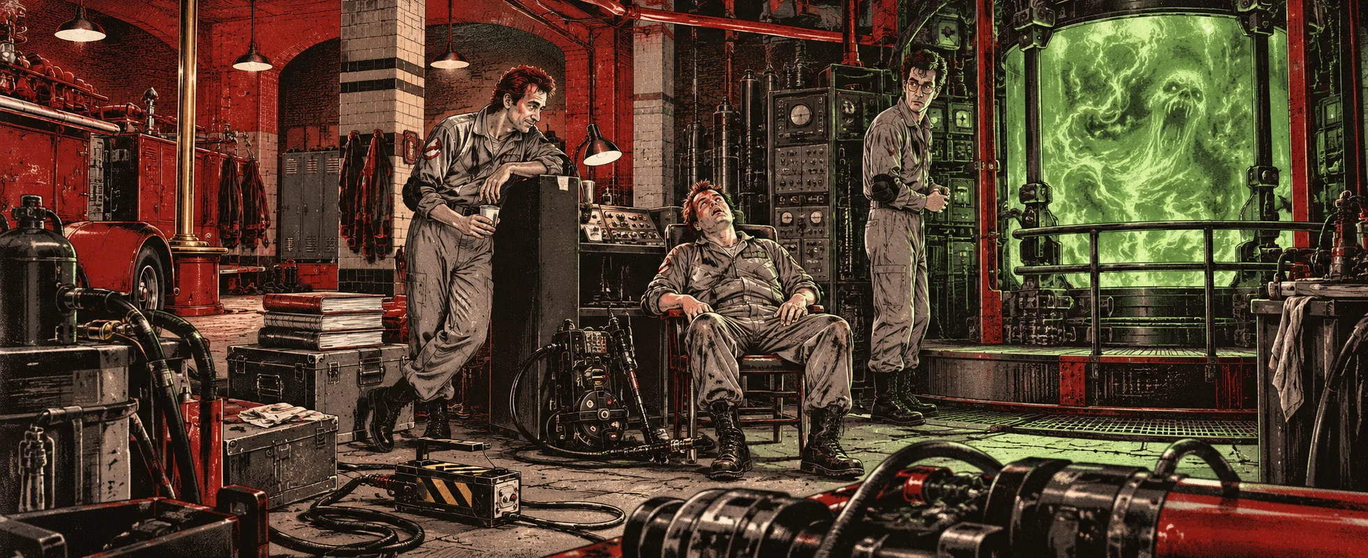 Three men in grey jumpsuits work among equipment in a red-walled firehouse lab beside a glowing green containment unit.